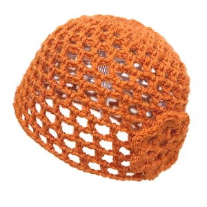 Hand-Crocheted Skull Cap Hat w/ Retro Flower | VINTAGE ORANGE