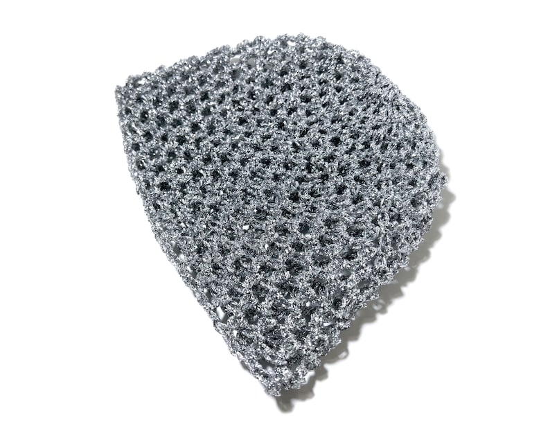 Hand-Crocheted Skull Cap Hat Silver Metallic image 9