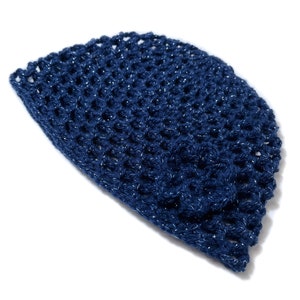 Hand-Crocheted Skull Cap Hat with Retro Flower Midnight Blue Sparkle image 10