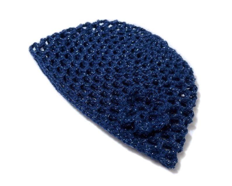 Hand-Crocheted Skull Cap Hat with Retro Flower Midnight Blue Sparkle image 10