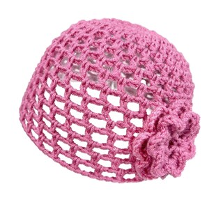 Hand-Crocheted Skull Cap Hat w/ Double Flower | COOL PINK