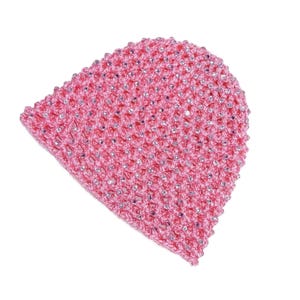 100% Viscose Hand-Crocheted Skull Cap Hat | Super Crystal Sparkle | PINK SATIN l