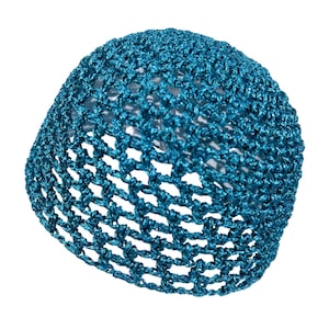 May include: A teal crocheted beanie hat. The hat is made of a loosely woven, open-stitch pattern, allowing for breathability. The hat is a solid teal color and is designed to fit snugly on the head.