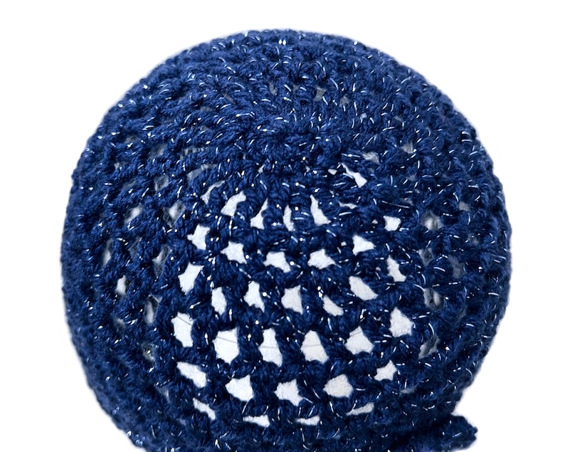 Hand-Crocheted Skull Cap Hat with Retro Flower Midnight Blue Sparkle image 3
