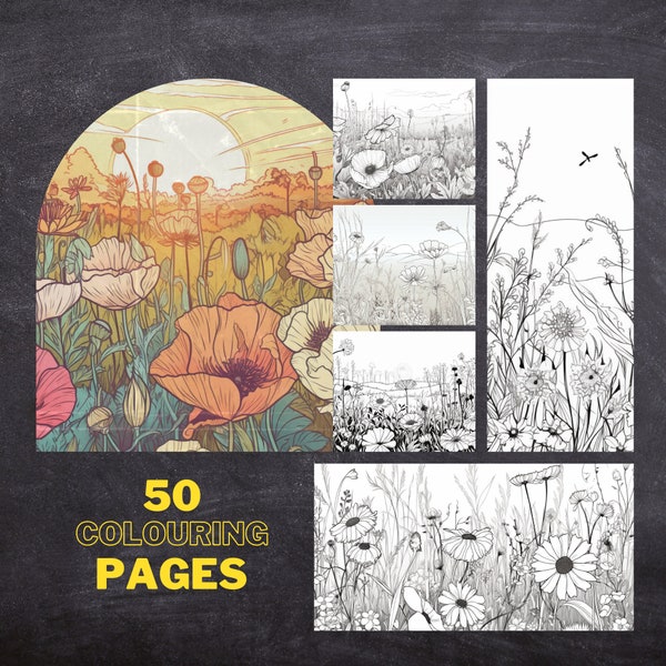 50 Flowers in a Field Colouring Pages For Adults, Amazing Patterns For Stress Relief, Digital Colouring Printable Page