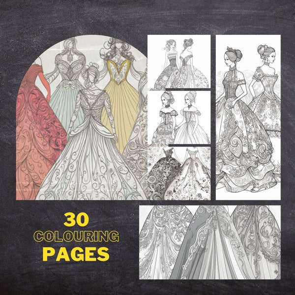 30 Ball Gowns Colouring Pages, Amazing Patterns, Adult Colouring Book, Digital Colouring Printable Page