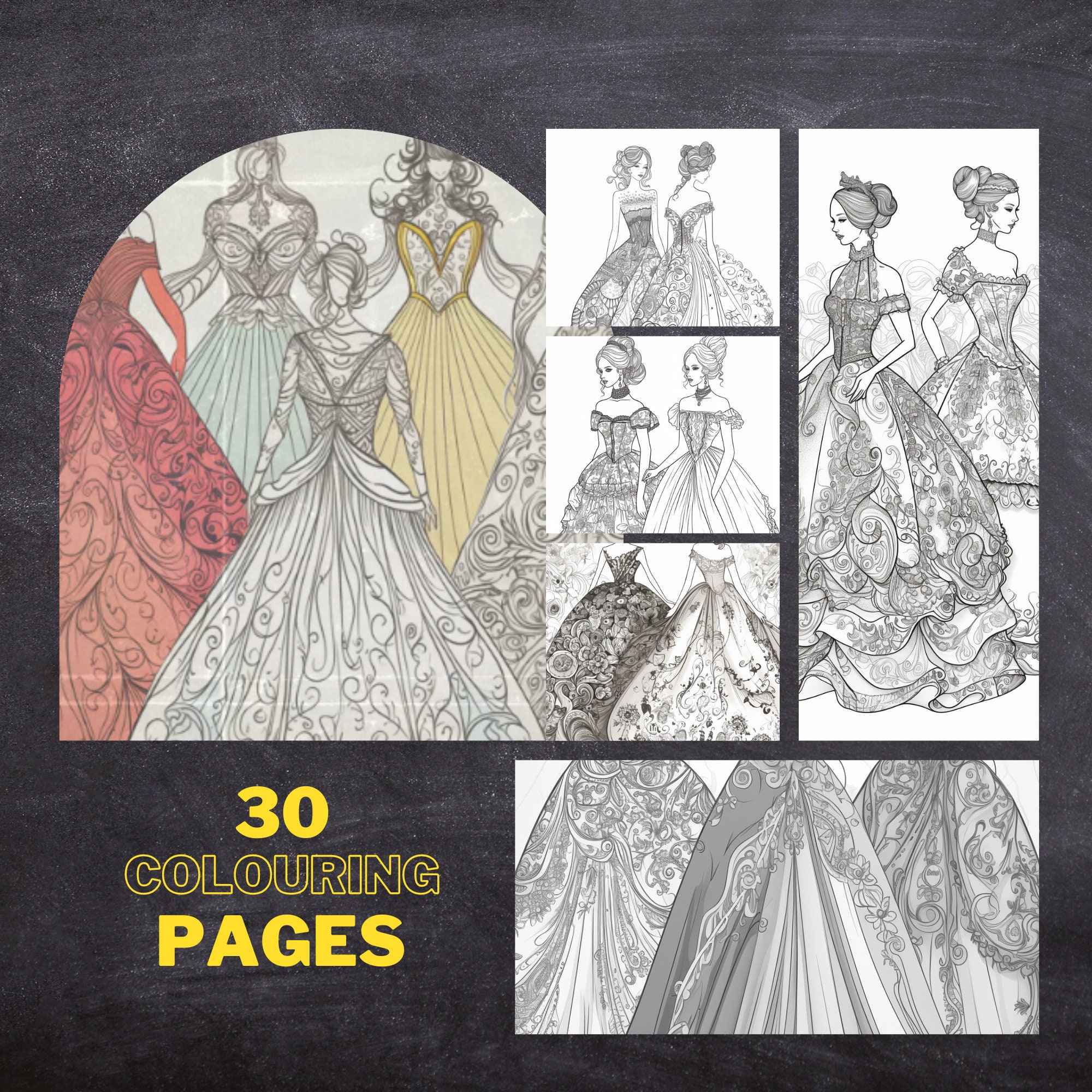 30 Ball Gowns Colouring Pages, Amazing Patterns, Adult Colouring Book ...