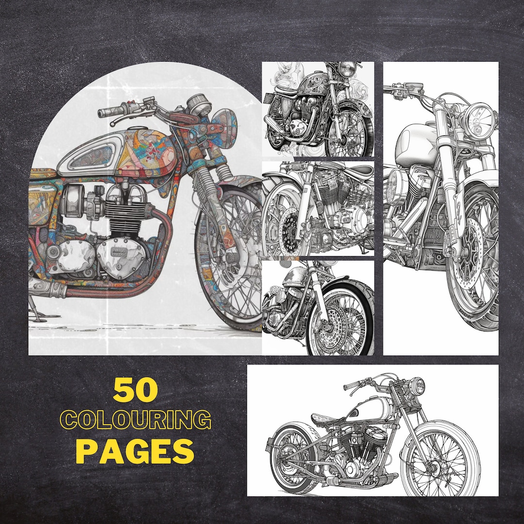 50 Motorcycle Colouring Pages for Adults, Amazing Patterns for Stress