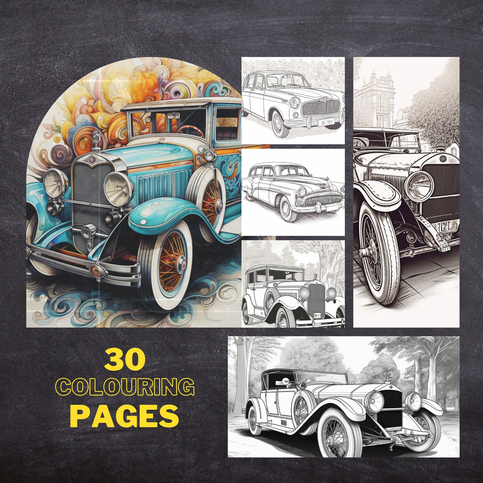 30 Vintage Cars Colouring Pages, Amazing Patterns, Adult Colouring Book