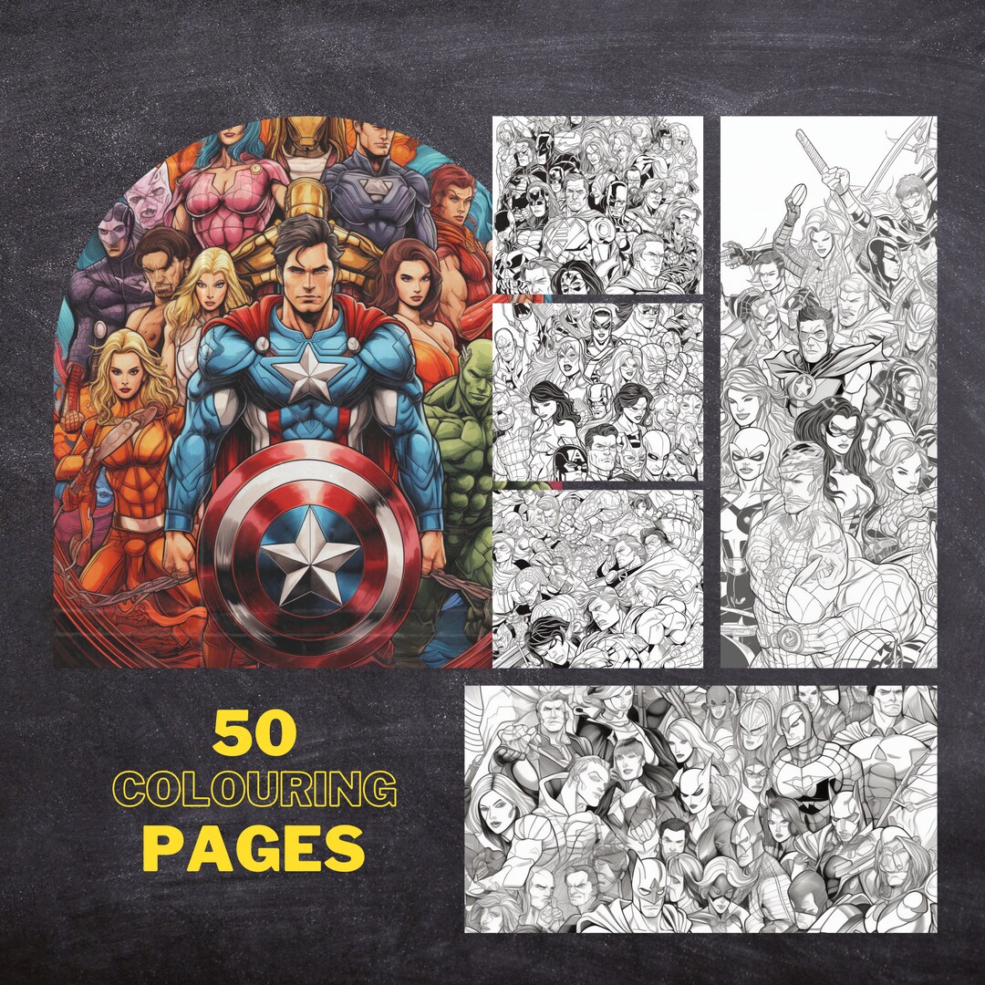 50 Super Hero Colouring Pages, Amazing Patterns, Adult Colouring Book ...
