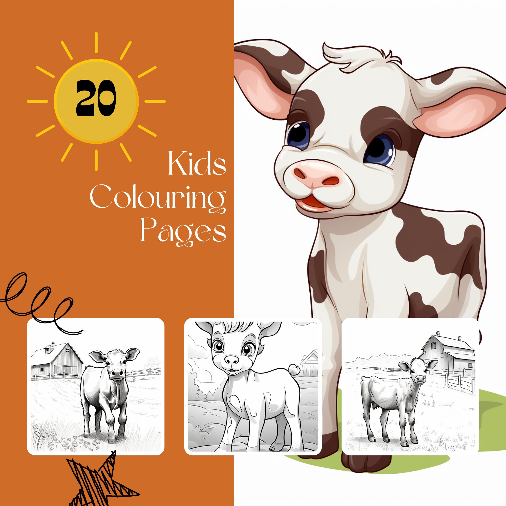 20 Baby Cows Kids Colouring Pages, Amazing Patterns, Kids Colouring