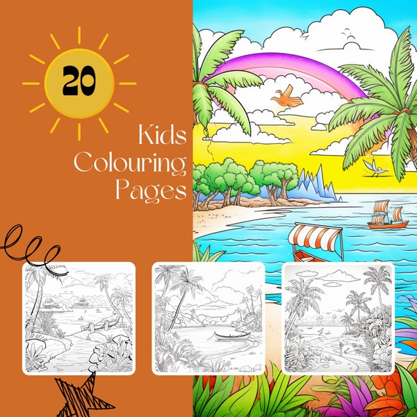20 tropical scenary Kids Colouring Pages, Amazing Patterns, kids Colouring Book, Digital Colouring Printable Page,