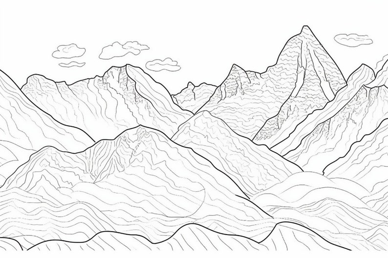 30 Mountain Ranges Colouring Pages, Amazing Patterns, Adult Colouring