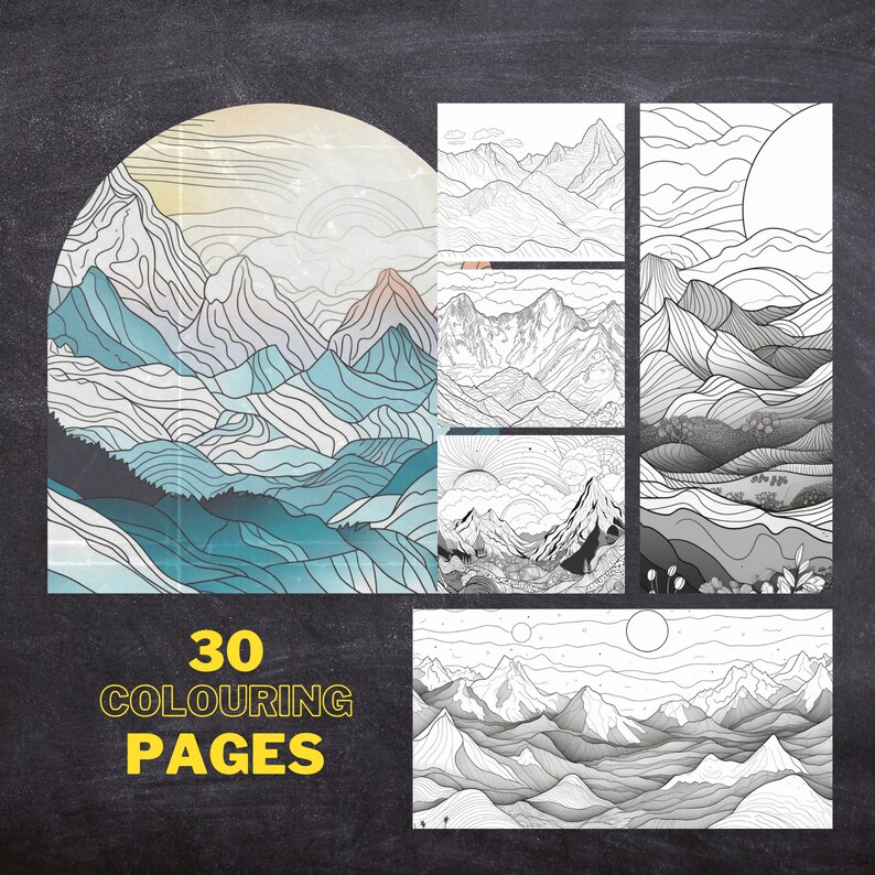 30 Mountain Ranges Colouring Pages, Amazing Patterns, Adult Colouring