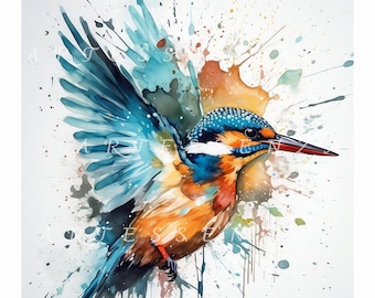 Kingfisher watercolor style artwork, instant digital download.