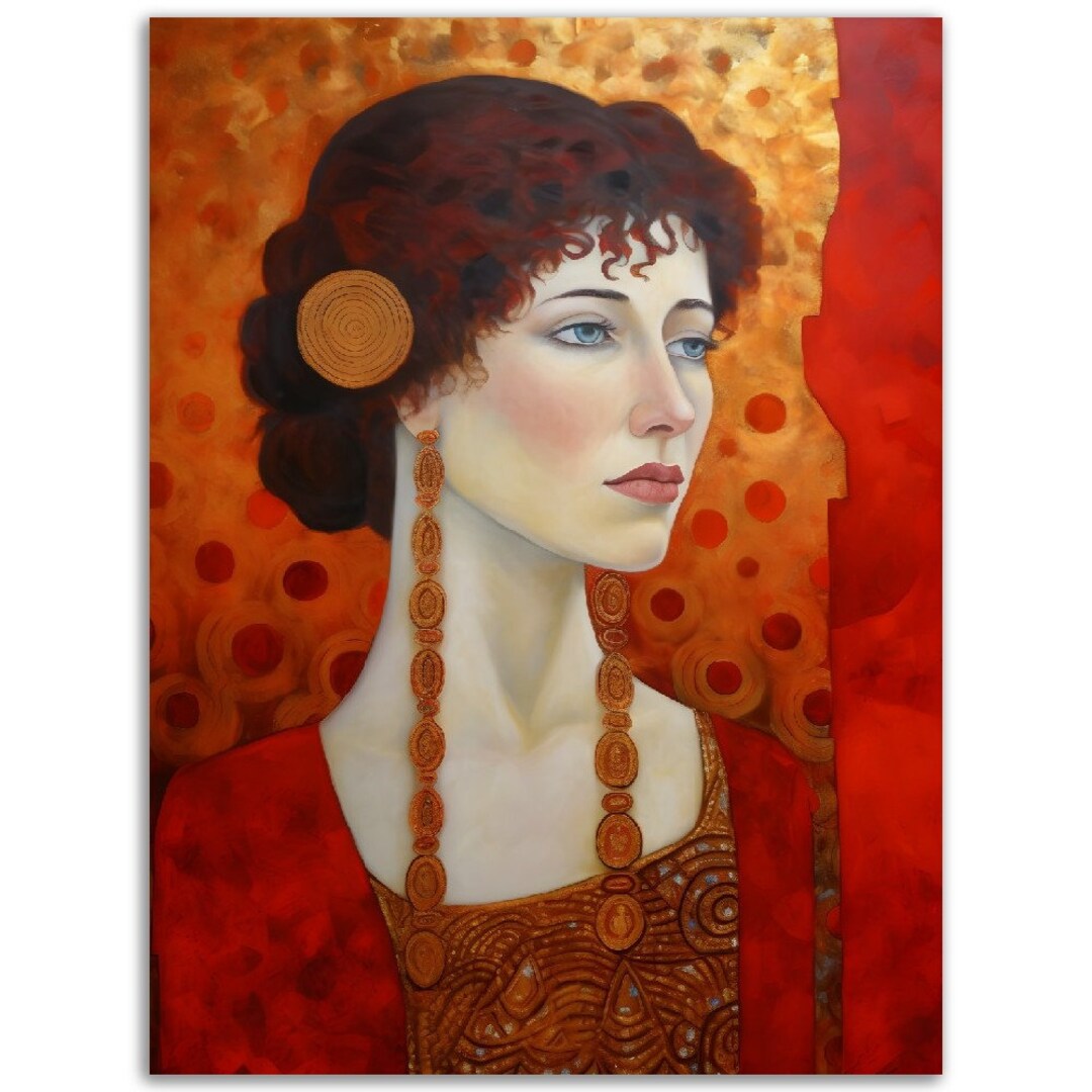 Red Lady Klimt Style Original Digital Art Wall Art Gustav Klimt Gift