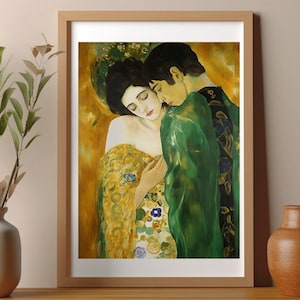 Abraço - Klimt Estilo Original Gustav Klimt presente Arte digital Arte em parede Dourado Verde
