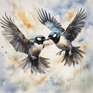 Two for Joy - Magpie watercolor, instant digital download, magpie painting