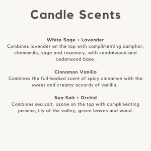 Puede incluir: Una imagen de texto que enumera tres aromas de velas: Salvia Blanca + Lavanda, Canela Vainilla y Sal Marina + Orqu&iacute;dea. Cada descripci&oacute;n de aroma incluye una breve descripci&oacute;n de las notas de fragancia.