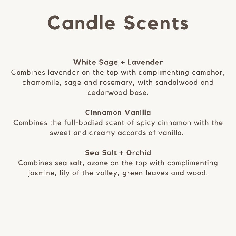 Puede incluir: Una imagen de texto que enumera tres aromas de velas: Salvia Blanca + Lavanda, Canela Vainilla y Sal Marina + Orqu&iacute;dea. Cada descripci&oacute;n de aroma incluye una breve descripci&oacute;n de las notas de fragancia.