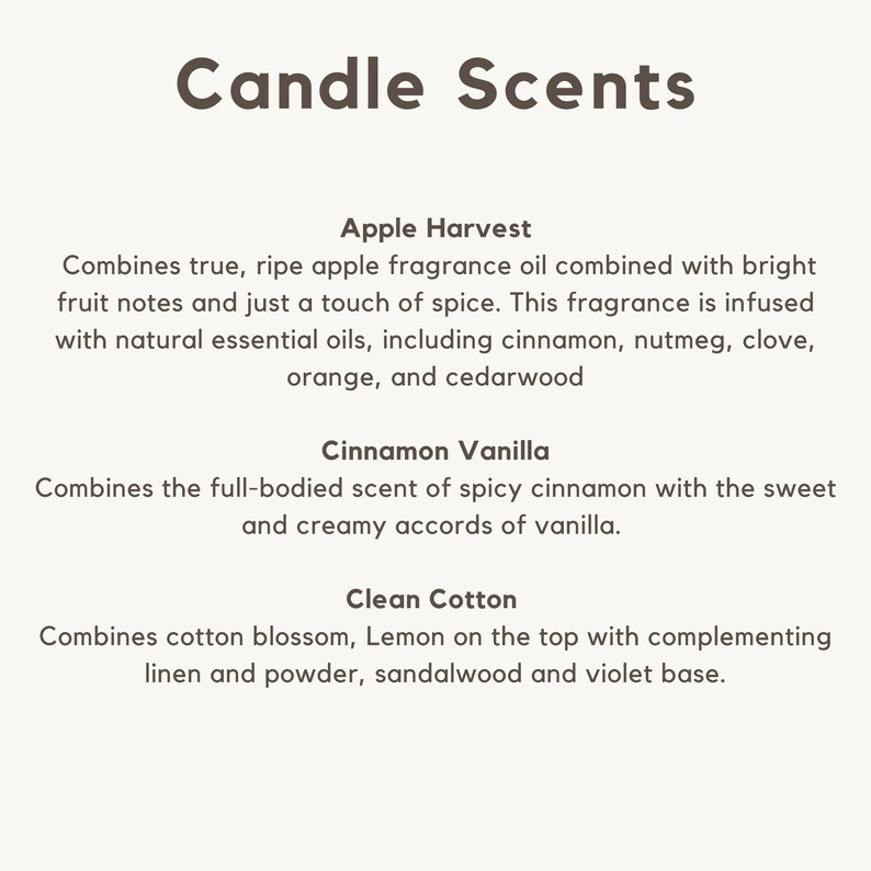 Puede incluir: Una imagen de texto que enumera los aromas de las velas con descripciones. Los aromas son Apple Harvest, Cinnamon Vanilla y Clean Cotton.
