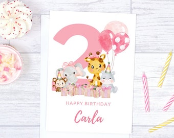 Second birthday card/babies birthday card/baby girl birthday card/personalised birthday card/safari animal card