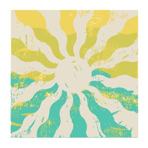 May include: Abstract sunburst design with yellow and teal wavy lines on a beige background.