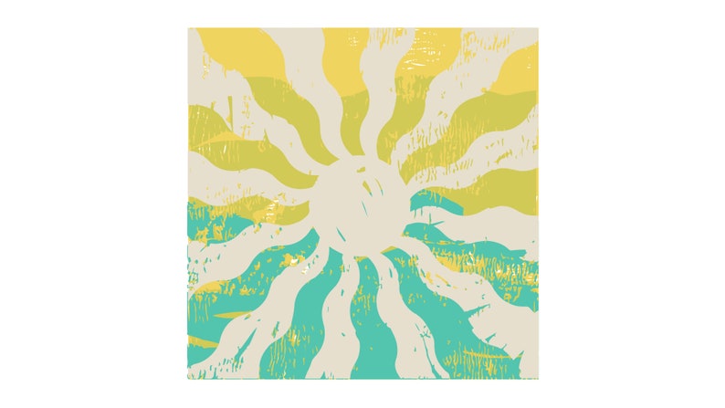 May include: Abstract sunburst design with yellow and teal wavy lines on a beige background.