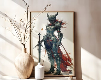 Lámina artística de una mujer caballero: decoración medieval de fantasía oscura