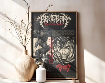 May include: A rectangular poster featuring the Berserk logo in white, black and red text. The artwork displays a character in armor, a close-up of a face with a grin, and Japanese characters. The poster includes descriptive text blocks.