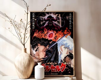 May include: A rectangular poster featuring anime-style illustrations of characters with dark and light hair, a large sword, and a demonic figure in a fiery background. The text includes Japanese characters and the title Berserk in red.