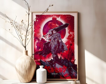 May include: A rectangular wall art print featuring a dark fantasy illustration of a warrior holding a large sword against a vibrant red background with a circular sun motif and Japanese text at the bottom, framed in a light wood border.