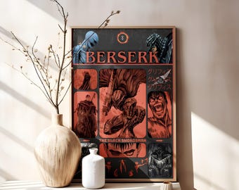 Könnte beinhalten: Ein rechteckiges Wandposter mit Berserk-Manga-Grafiken und dem Text BERSERK sowie THE BLACK SWORDSMAN. Das Design enthält mehrere Felder in Rot-, Schwarz- und Grautönen, die verschiedene Charaktere und Szenen aus der Serie darstellen.