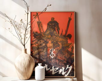 May include: A framed rectangular poster featuring a dark fantasy illustration with a central warrior figure, large swords, and a white brand symbol on a vibrant orange background, with the Japanese text Berserk at the bottom.