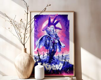 May include: A rectangular wall art print featuring a long-haired figure in dark armor and a flowing cape, standing amidst a field of swords under a large hand silhouette. The artwork uses vibrant purple, pink, and blue tones with the text Berserk.