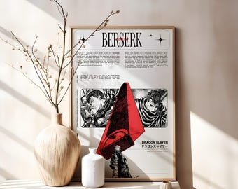 Könnte beinhalten: Ein vertikales Poster mit dem Titel BERSERK in schwarzer Schrift, zwei schwarz-weißen Manga-Panels einer Figur und einer großen roten Illustration des Dragon Slayer Schwerts, das von einer Hand gehalten wird. Der Text enthält historische Details.