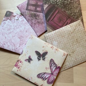 Rose romantique -  enveloppes carrées 13 cm x 13 cm par 5 avec des cartes rondes assorties de diamètre 12 cm - fabrication artisanale