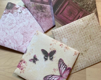 Romantisch roze - vierkante enveloppen 13 cm x 13 cm bij 5 met bijpassende ronde kaarten diameter 12 cm - handgemaakt