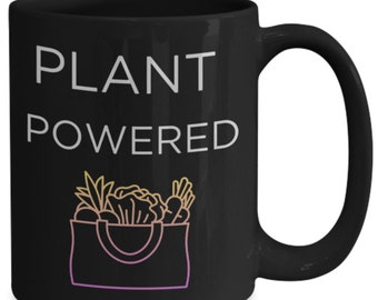 Vegan gifts, vegan gifts for women, vegan gifts for men, vegan gift ideas, vegan coffee mug, plant powered coffee cup black