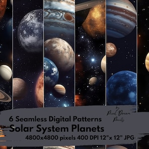 May include: Six seamless digital patterns featuring planets from the solar system. The patterns are in a dark blue background with stars and planets in various colors, including blue, orange, brown, and white. The patterns are 4800x4800 pixels, 400 DPI, and 12"x12" JPG.