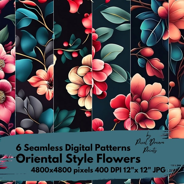 Oriental Style Flowers, seamless pattern, digital paper, for DIY crafts, home decor, fabric, backgrounds, invitations, commercial use.