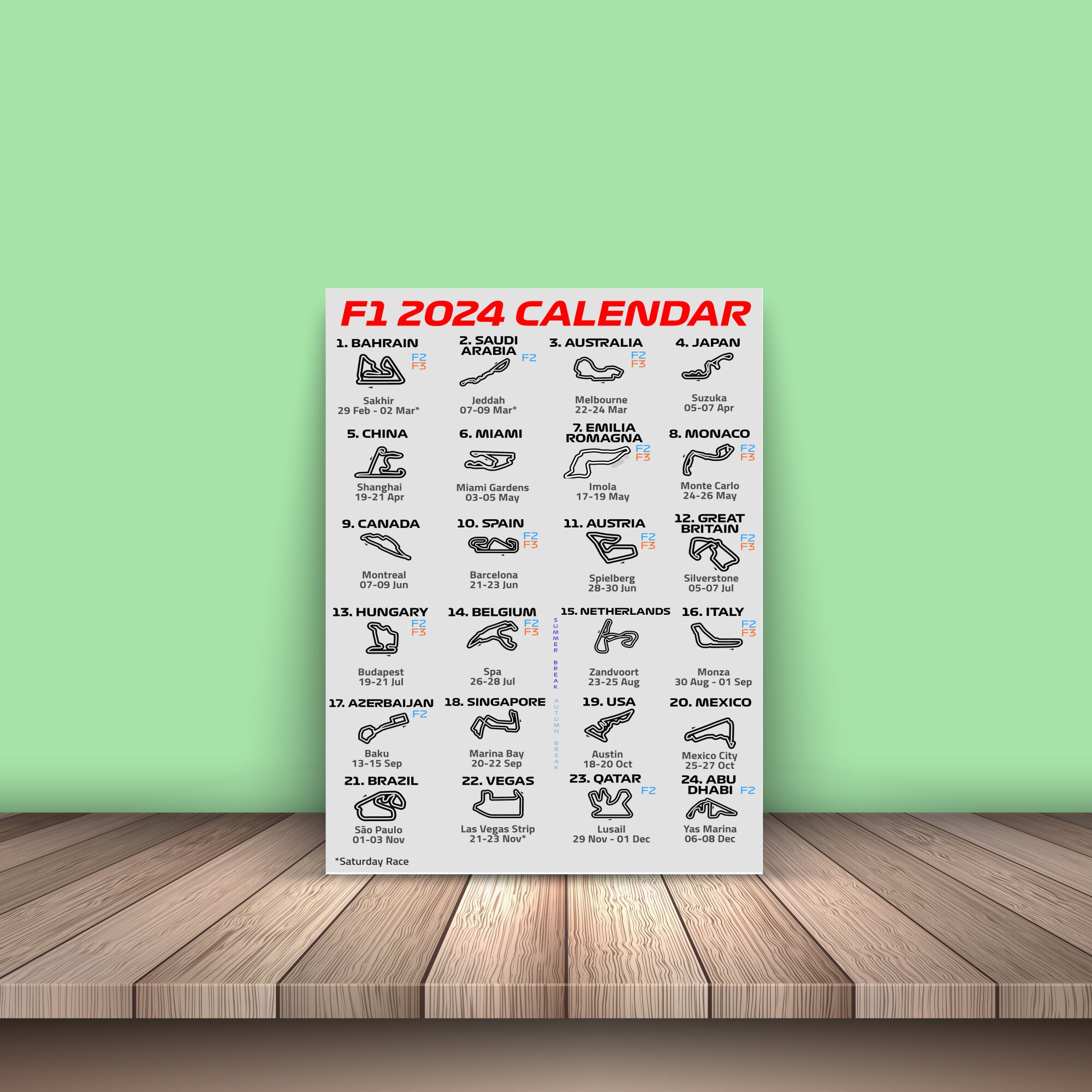 F1 2024 Calendar Formula 1 Wall Art Formula 1 Gifts F1 Track Poster Formula 1 Digital Print F1