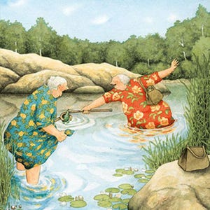 Peut inclure: Illustration à l'aquarelle de deux personnes pêchant dans un étang. L'une, en chemise à fleurs rouge, est dans l'eau. L'autre, en robe à fleurs bleue, se tient sur la berge. Nénuphars et sac à main sont également visibles.