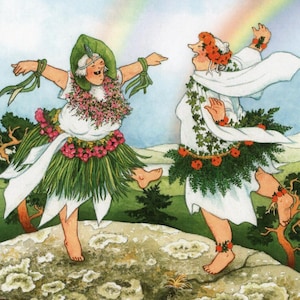 Peut inclure: Une illustration à l'aquarelle de deux personnages dansant sur un rocher sous un arc-en-ciel. Le personnage de gauche porte une tunique blanche, une coiffe en feuille verte et un collier de fleurs. Celui de droite porte une couronne de fleurs.