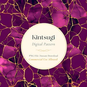 Può includere: Motivo digitale con design Kintsugi. Lo sfondo presenta una combinazione di colori viola intenso e rosa con venature dorate. Un'etichetta circolare al centro recita "Kintsugi Digital Pattern" con testo aggiuntivo sotto.