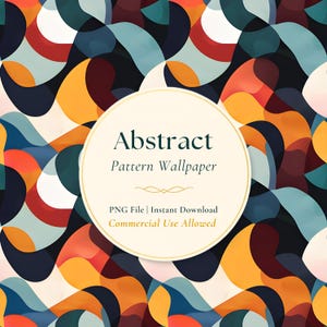 May include: Abstract pattern wallpaper with a colorful design. The design features overlapping shapes in shades of blue, orange, yellow, and red. The text "Abstract Pattern Wallpaper" is displayed in a circular frame. The image is a PNG file available for instant download.
