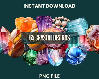May include: A digital graphic featuring a collection of 65 crystal designs in various colors and shapes. The image includes text that reads "Instant Download" and "PNG File."