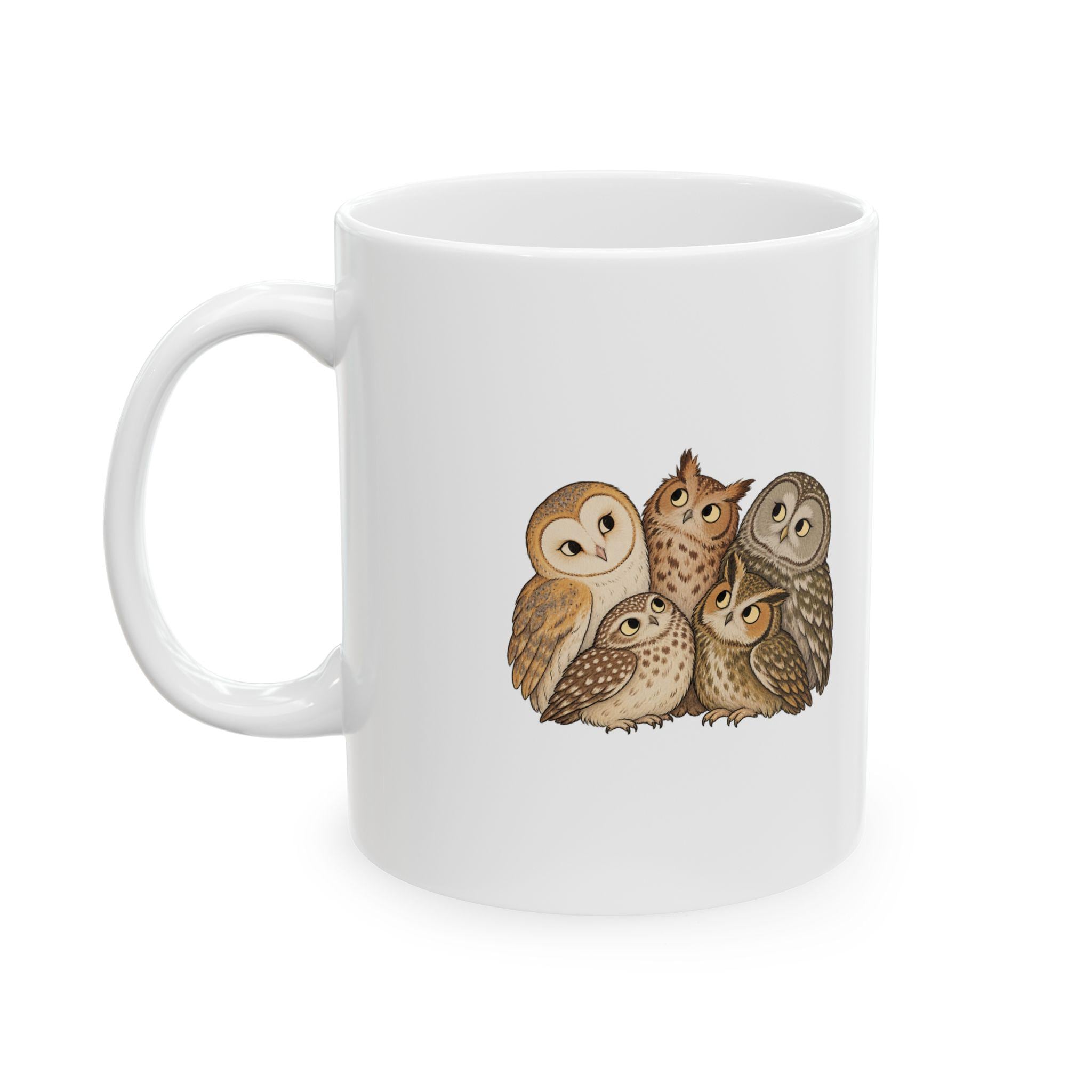 Owl Mug, Five Woodland Owls in Warm Earth Tones, White Ceramic 11 oz Coffee Cup, Gece Meclisi by VMG
