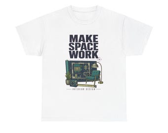 T-shirt voor interieurontwerpers, T-shirt met grafische tekst "Make Space Work", cadeau voor interieurontwerpers, kleurrijk vintage T-shirt voor een carrière in de interieurbranche