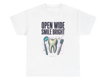 Tandartsshirt, T-shirt met vrolijke 'Open Wide Smile'-print, cadeau voor tandartsen, kleurrijk vintage T-shirt voor een carrière in de tandheelkunde